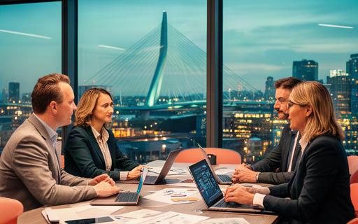 Zakelijk advies gesprek in een modern kantoor met uitzicht op de Rotterdamse skyline en de Erasmusbrug bij schemering